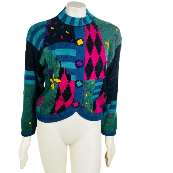 R I R 1993 Vintage Cardigan Sweater Bright Button Cropped‎ Geometric Y2K Size 1 - Picture 1 of 9